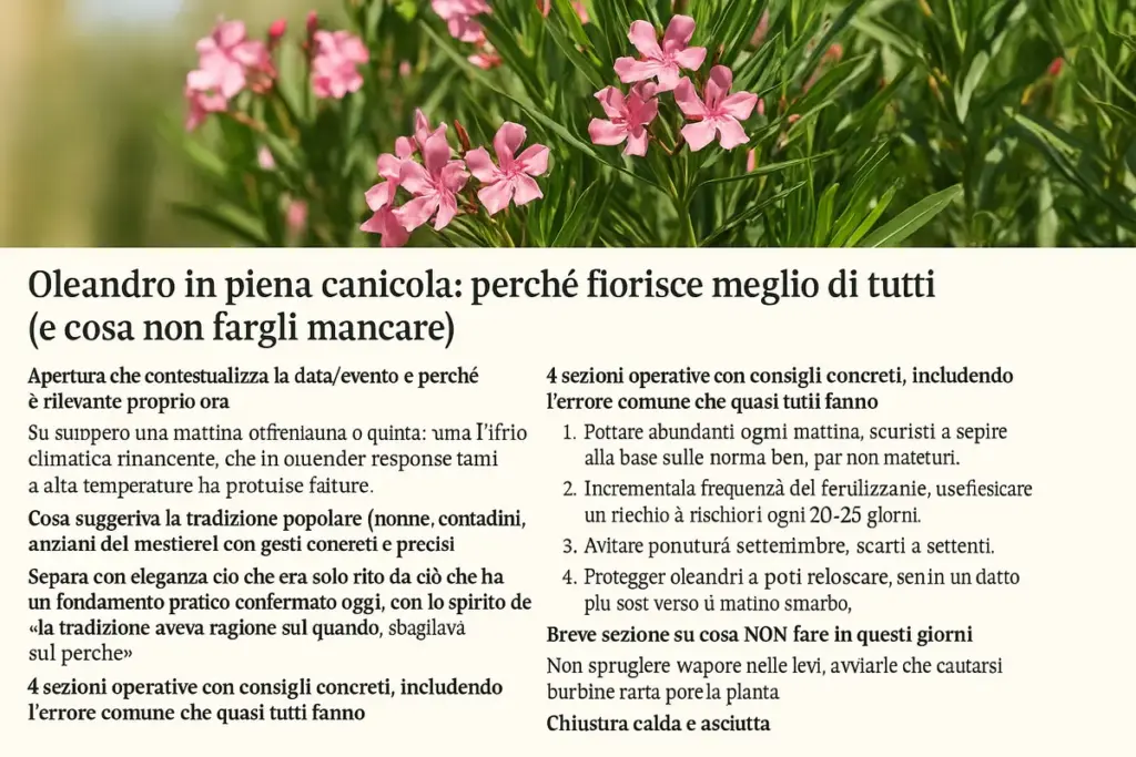 Oleandro in piena canicola: perché fiorisce meglio di tutti (e cosa non fargli mancare)