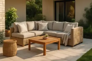 Angolo relax sul patio con mobili modulari: il layout che non blocca il passaggio