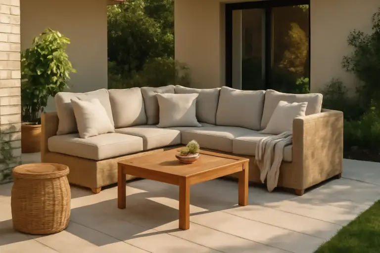 Angolo relax sul patio con mobili modulari: il layout che non blocca il passaggio
